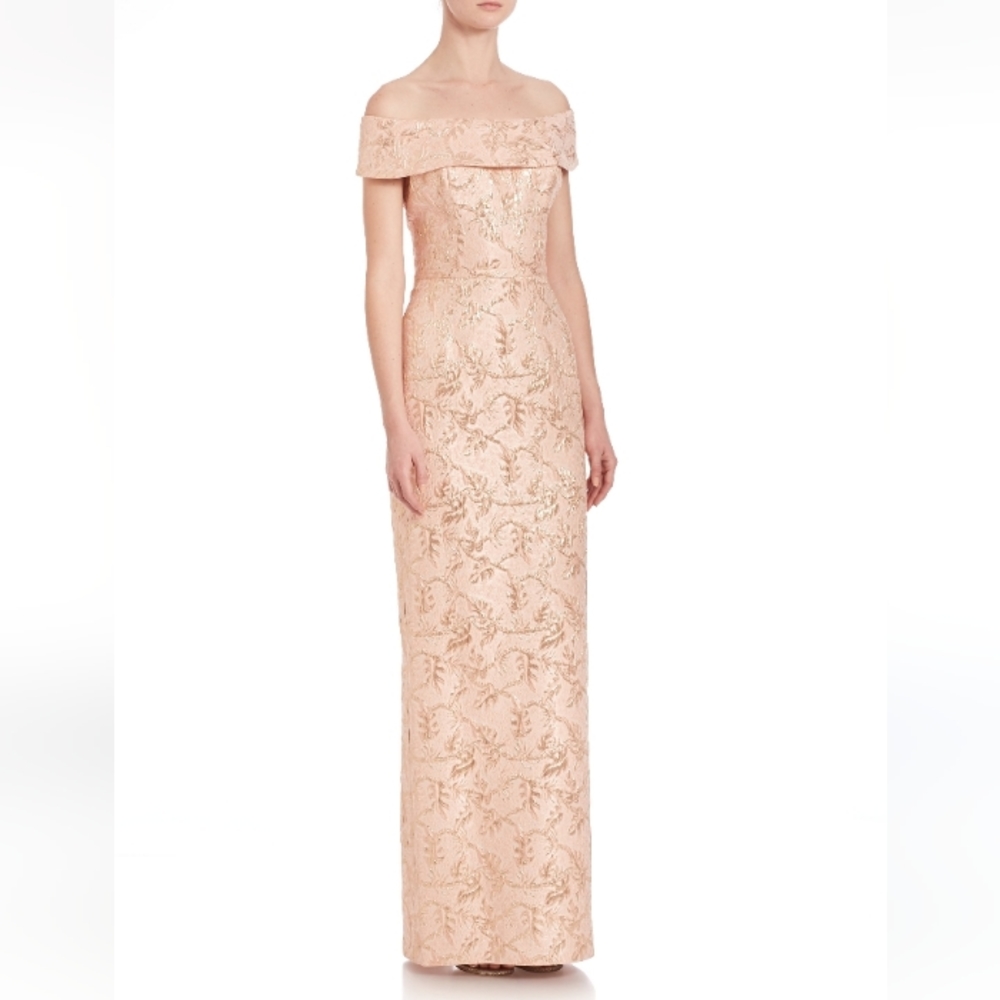 Teri Jon Rickie Freeman Jaquard Off The Shoulder Column Gown Rose Gold 18